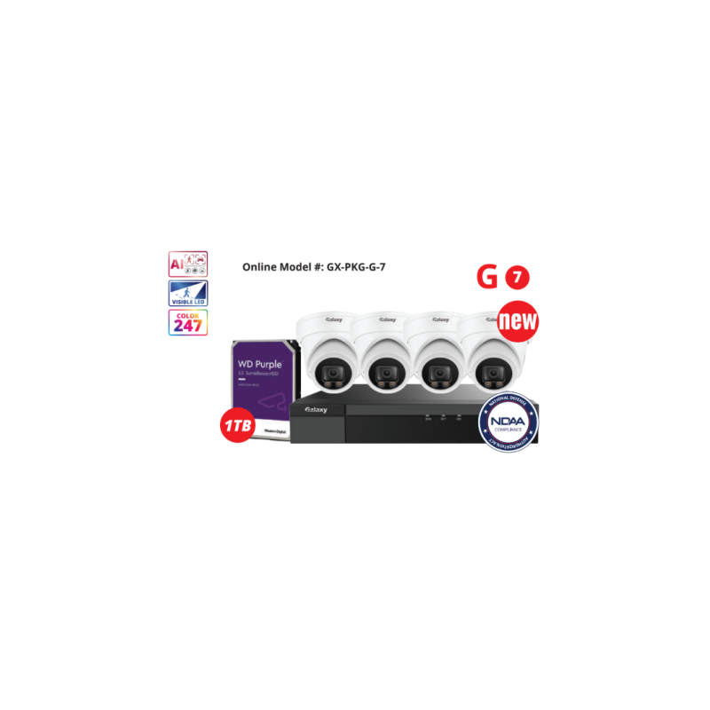 Galaxy GX-PKG-G-7 4CH NDAA Color-V 5MP AI IP Turret Security Camera Kit with 4CH PoE NVR & 1TB HDD