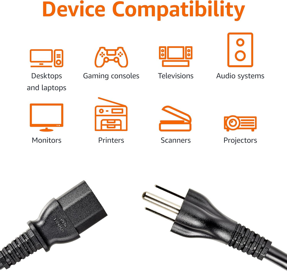 Diagram of device compatibility with icons for desktops, gaming consoles, televisions, audio systems, monitors, printers, scanners, and projectors, along with a black cable.