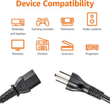 Diagram of device compatibility with icons for desktops, gaming consoles, televisions, audio systems, monitors, printers, scanners, and projectors, along with a black cable.