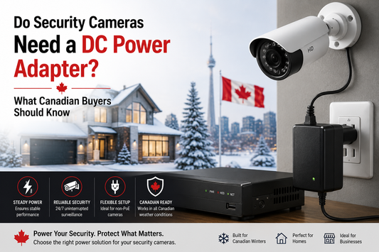 Security camera connected to DC power adapter for CCTV system in Canadian home setup