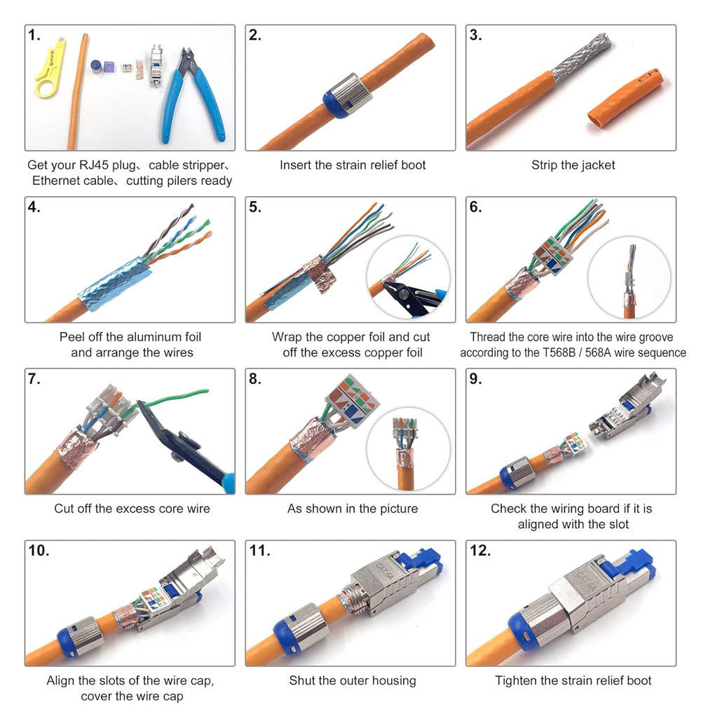 CAT7 Tool-Free RJ45 Connector – Shielded STP Ethernet Field Termination Plug for 10Gb Networks